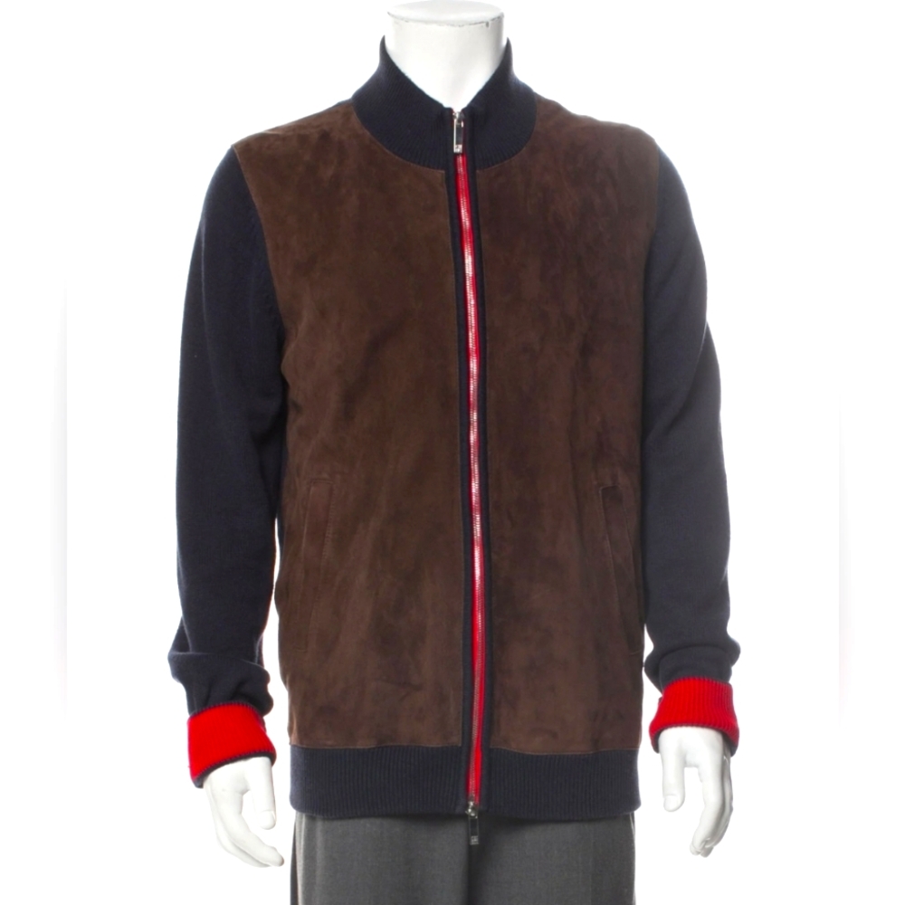Carolina Herrera Mens Zip Up Jacket Sz L Brown Lambskin And Navy Blue Cotton